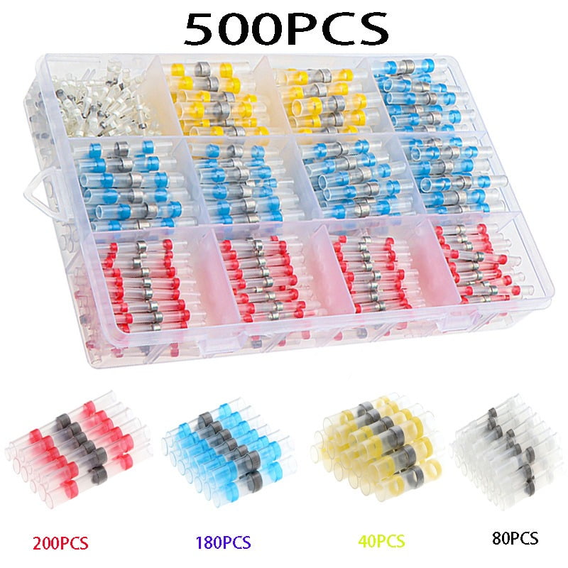 500 Pcs Heat Shrink Wire Connectors, Solder Seal Butt Connectors Kit Waterproof Marine Electrical Splice Terminals