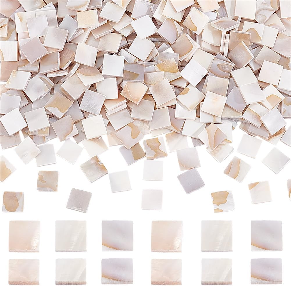 500 Pcs Natural Shell Mosaic Tiles 10x10mm Floral White Shell Square Cabochons Mosaic Mother of Pearl Pieces Bulk Shell Mosaic Tiles for DIY Mosaic Art Crafts Home Decorations