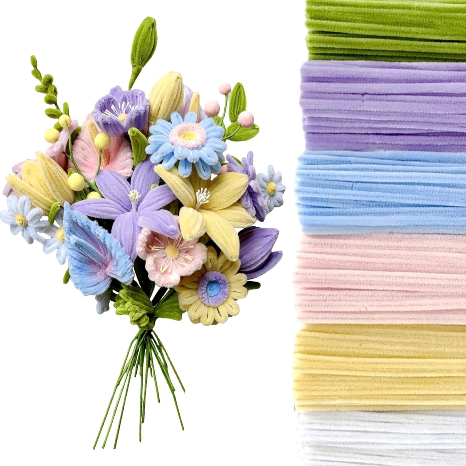 500 Pcs Pipe Cleaner Flower kit with tutoria, Pipe Cleaners Craft(6 Colors), Chenille Stems Flowers Craft kit with 20 pcs Green Floral Wires,Gardening Tape, Stamen(2 Colors), Pearl Beads, Pompoms