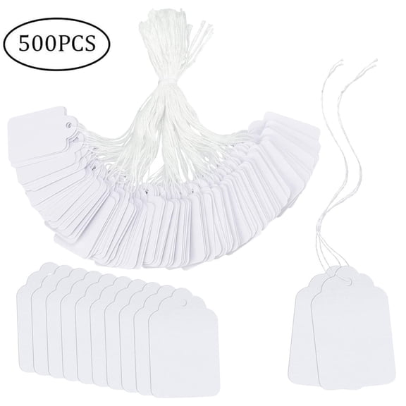 500 Pcs Price Labels Display Tags with String,Price Tags with String Attached,White Paper Hang Tags,Marking Strung Tags Writable Tags,Display Label for Product Jewelry Clothing Tags-1.38 x 0.87 Inches
