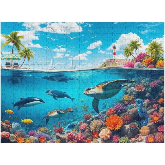 500 Pcs Puzzles for Adults Large Piece, Turtles Orca Coral Reef Ocean Jigsaw Puzzle, Funny Gift for Adult Senior Challenging Family Games Creative Kit Finished Size20.5x15 in