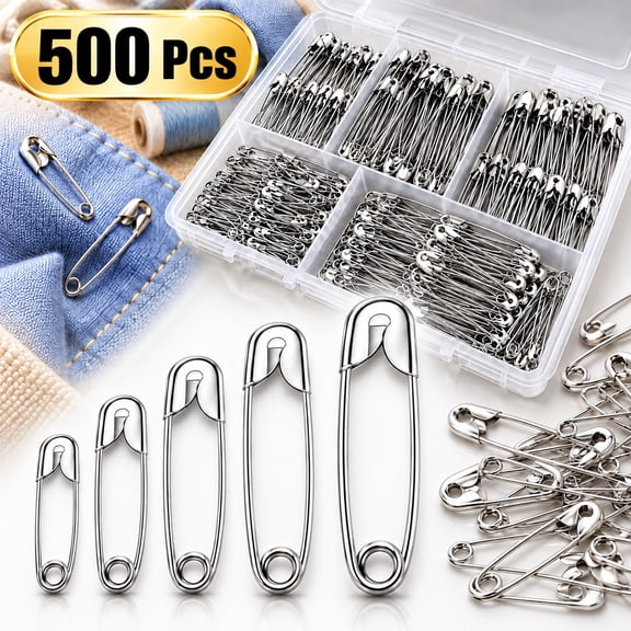500 Pcs Safety Pins Bulk, 5 Sizes Assorted (Small to Large) - Silver Nickel Safety Pins for Sewing, Jewelry Making & DIY Crafts