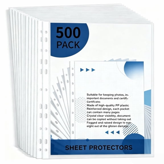 500 Pcs Sheet Protectors, Clear Plastic Page Protectors Sheet Reinforced 11-Hole Fit for 3 Ring Binder Fits Standard 12 x 9.25 Paper