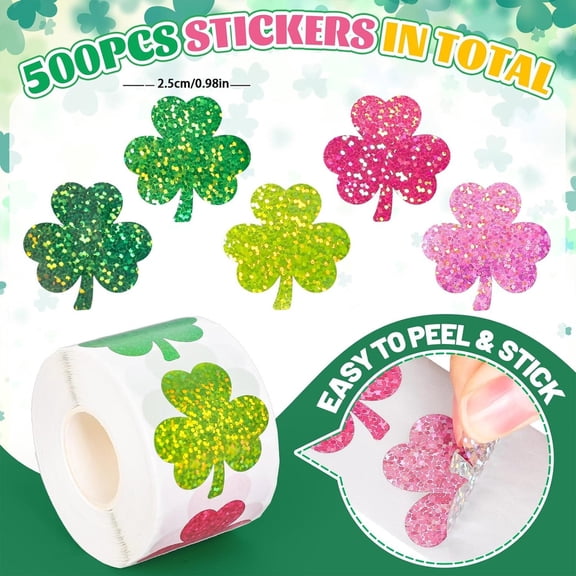 500 Pcs St. Patrick's Day Stickers – 1.5" Four-Leaf Clover Shaped Adhesive Labels for Party Favor, Scrapbooking, Gift Packaging & Holiday Decorations