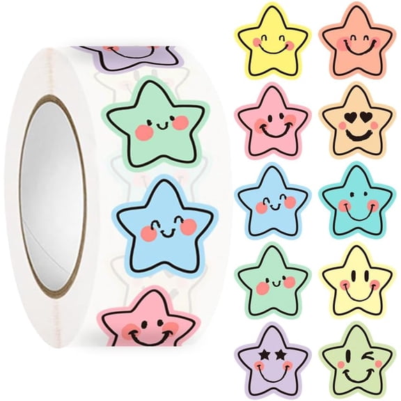 500 Pcs Star Smiley Face Stickers Roll, Colorful Star Reward Labels for Planners, Envelopes, Packages, Teachers, Classroom, Scrapbooking