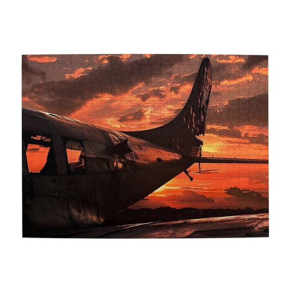 500 Piece Abandoned Plane Fiery Sunset Jigsaw Puzzle For Adults – Vibrant, Challenging Wooden Brain Game, Relaxing Stress Relief & Aesthetic Home Decor Gift