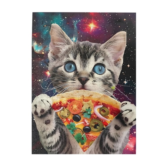 500 Piece Adorable Cosmic Cat Pizza Jigsaw Puzzle For Adults – Challenging Wooden Game, Vibrant Space Galaxy Art, Relaxing Brain Teaser & Great Gift