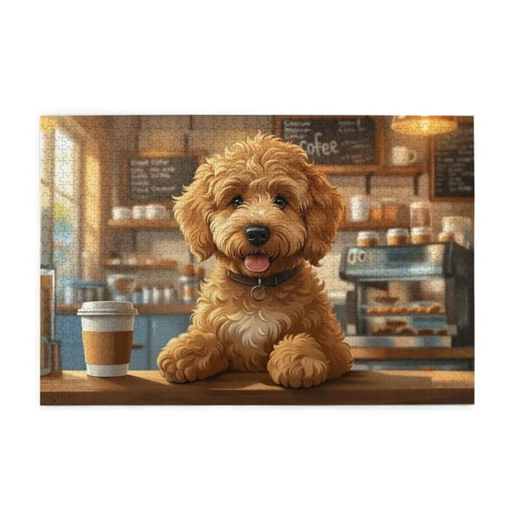500 Piece Adorable Golden Doodle Dog Coffee Shop Wooden Jigsaw Puzzle For Adults – Challenging, Relaxing Brain Exercise, Fun Decor & Gift Idea