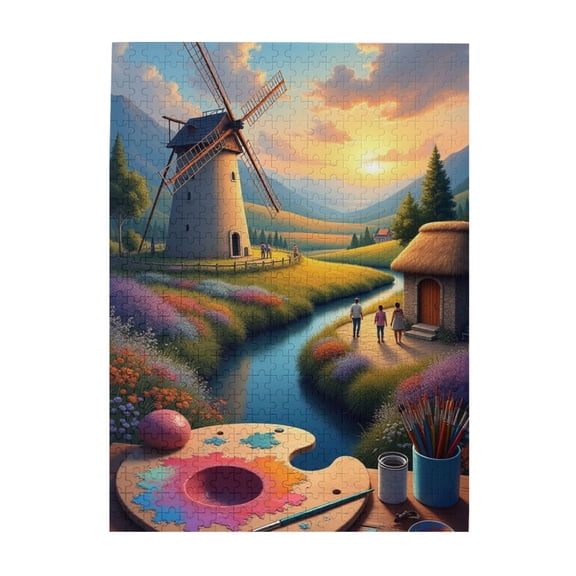 500 Piece Adult Jigsaw Puzzle Serene Windmill Landscape Challenging & Relaxing Puzzle For Puzzle Lovers Beautiful Artwork Great Gift Idea
