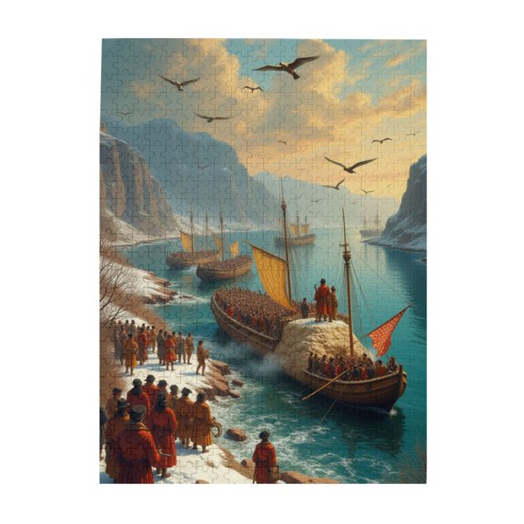 500 Piece Adult Jigsaw Puzzle Viking Ships In Fjord Challenging & Relaxing Puzzle Game Unique Artwork Great Gift Idea For Puzzle Lovers & History Buffs