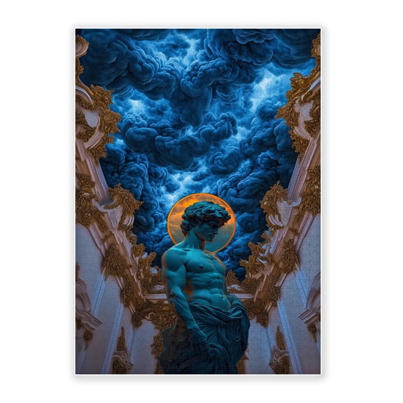 500-Piece Adult Wood Jigsaw Puzzle, Baroque Golden Frame David Statue Surreal Blue Cloud Art, High-Difficulty, Stress-Relieving Family Activity, Home Wall Decor, Eco-Friendly, 20.5x15in