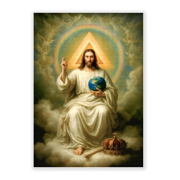 500-Piece Adult Wood Jigsaw Puzzle, Christ the King with Earth, Trinity Symbol and Crown Religious Art, Intellectual Challenge, Stress-Relieving, Home Wall Decor, Eco-Friendly, 20.5x15in