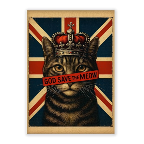 500-Piece Adult Wood Jigsaw Puzzle, "God Save the Meow" British Cat Art Puzzle, Union Jack & Crown Scene, Intellectual Challenge, Stress-Relieving, Home Decor, Eco-Friendly, 20.5x15in