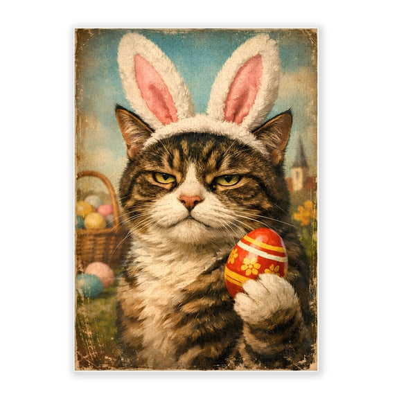 500-Piece Adult Wood Jigsaw Puzzle, Grumpy Easter Cat with Bunny Ears Vintage Funny Art, Intellectual Challenge Stress-Relieving Family Activity Home Wall Decor, 20.5x15in