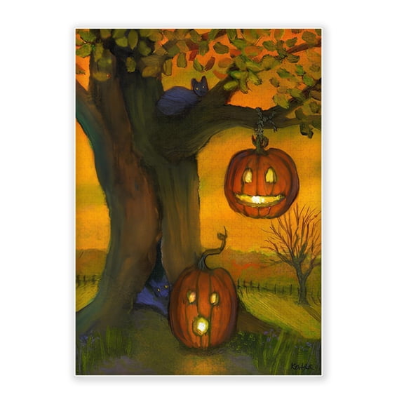 500-Piece Adult Wood Jigsaw Puzzle, Halloween Jack O Lantern Black Cat Autumn Tree Oil Art, High-Difficulty, Stress-Relieving Family Activity, Home Decor, Eco-Friendly, 20.5x15in