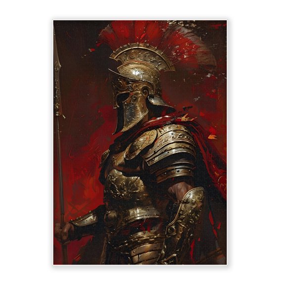 500-Piece Adult Wood Jigsaw Puzzle, Heavy Texture Oil Roman Centurion Carved Golden Armor Red Plume Helmet Spear Historical Art, Stress-Relieving Eco-Friendly, 20.5×15in