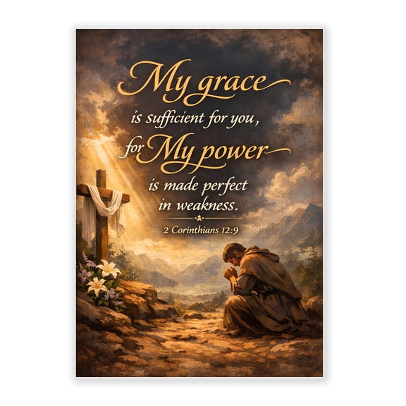 500-Piece Adult Wood Jigsaw Puzzle, Inspirational Religious Art with 2 Corinthians 12:9 Scripture, Praying Figure & Wooden Cross Sunset Mountain Landscape Wall Decor, 20.5x15in