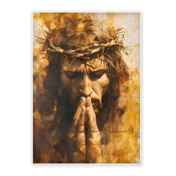 500-Piece Adult Wood Jigsaw Puzzle, Jesus Praying with Crown of Thorns Geometric Art, Intellectual Challenge, Stress-Relieving, Family Activity, Home Wall Decor, Eco-Friendly, 20.5x15in