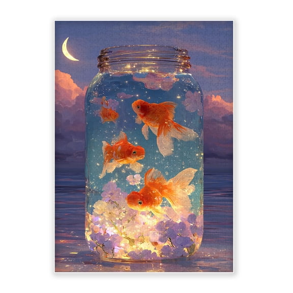 500-Piece Adult Wood Jigsaw Puzzle, Magical Goldfish Jar with Flowers and Crescent Moon Dreamy Art, Intellectual Challenge, Stress-Relieving Activity, Home Wall Decor 20.5x15in
