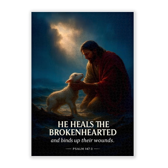 500-Piece Adult Wood Jigsaw Puzzle, Psalm 147:3 Christian Bible Verse Jesus Lamb Heals The Brokenhearted Art, Intellectual Challenge, Stress-Relieving Activity, Home Wall Decor 20.5x15in
