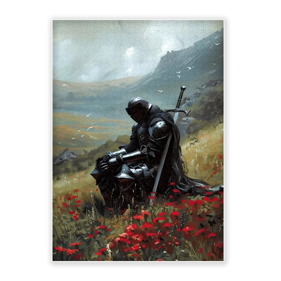 500-Piece Adult Wood Jigsaw Puzzle, Resting Medieval Knight in Poppy Field Landscape Art, Intellectual Challenge, Stress-Relieving Activity, Home Wall Decor 20.5x15in
