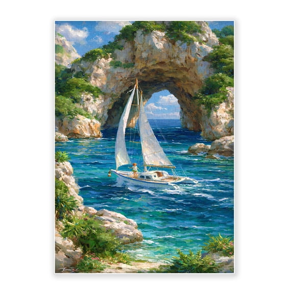 500-Piece Adult Wood Jigsaw Puzzle, Sailboat Through Sea Cave Mediterranean Coastal Oil Painting Art, Intellectual Challenge, High-Difficulty, Stress-Relieving Activity, Home Wall Decor 20.5x15in