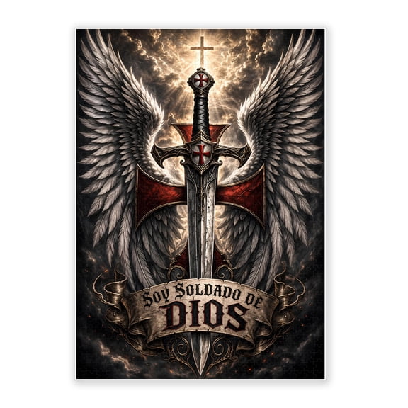 500-Piece Adult Wood Jigsaw Puzzle, Soy Soldado de Dios Christian Knight Sword Wings Cross Art, Intellectual Challenge, Stress-Relieving Activity, Home Wall Decor 20.5x15in