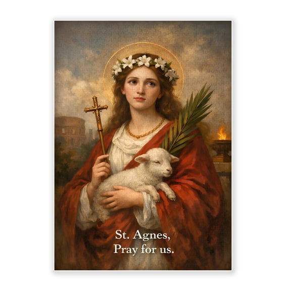 500-Piece Adult Wood Jigsaw Puzzle, St. Agnes Pray for Us Catholic Saint with Lamb Cross Art, Intellectual Challenge, Stress-Relieving Activity, Home Wall Decor 20.5x15in