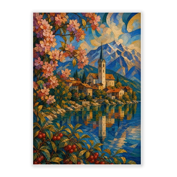 500-Piece Adult Wood Jigsaw Puzzle, Stained Glass Mosaic Lake Town Snow Mountain Floral Landscape Art, Stress-Relieving Eco-Friendly, 20.5×15in