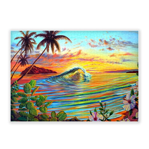 500-Piece Adult Wood Jigsaw Puzzle, Tropical Hawaii Beach Sunset Wave Palm Hibiscus Art, High-Difficulty, Stress-Relieving Family Activity, Home Decor, Eco-Friendly, 20.5x15in