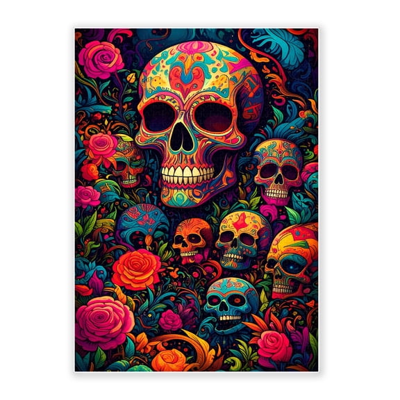 500-Piece Adult Wood Jigsaw Puzzle, Vibrant Day of the Dead Sugar Skulls and Roses Art, Intellectual Challenge, Stress-Relieving, Family Activity, Home Wall Decor, Eco-Friendly, 20.5x15in