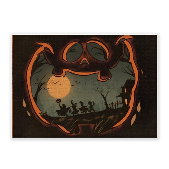500-Piece Adult Wood Jigsaw Puzzle, Vintage Halloween Jack-O'-Lantern Trick-or-Treat Art Puzzle, Retro Spooky Night Scene, Intellectual Challenge,Stress-Relieving,Home Decor, Eco-Friendly, 20.5x15in