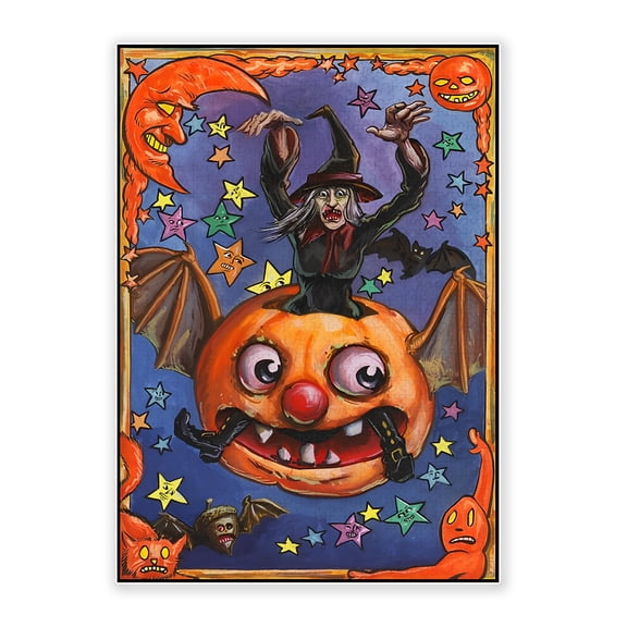 500-Piece Adult Wood Jigsaw Puzzle, Vintage Halloween Witch Giant Pumpkin Bat Whimsical Poster Art, High-Difficulty, Stress-Relieving Family Activity, Home Wall Decor, Eco-Friendly, 20.5x15in