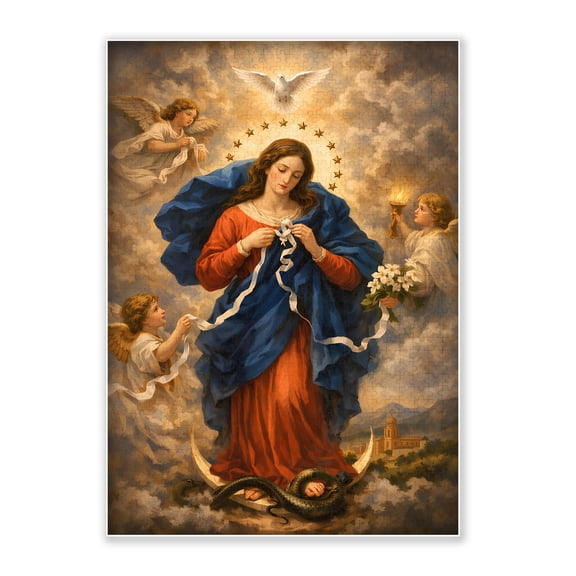 500-Piece Adult Wood Jigsaw Puzzle, Virgin Mary Undoer of Knots Religious Art, Stress-Relieving, Relaxing Family Activity, Home Wall Decoration, Eco-Friendly, 20.5x15in
