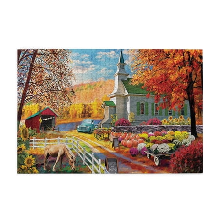 500 Piece Autumn Countryside Wooden Jigsaw Puzzle For Adults – Scenic Fall Harvest, Church, Horse & Bridge, Challenging Relaxing Brain Exercise, Great Gift Home Decor