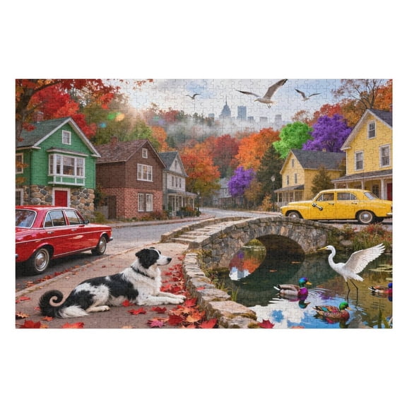 500 Piece Bird Dog Car Town Autumn Puzzle for Adults, 20.5x15 in – Challenging Indoor Jigsaw, Mind-Relaxing Activity, Decorative Artwork