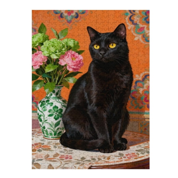 500 Piece Black Cat Puzzle for Adults Sitting by Floral Vase, Large Piece Relaxing Jigsaw Puzzle, Fun Family Game Night, Challenging DIY Puzzle for Seniors, Adults, 20.5x15 in