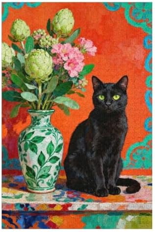  500 Piece Black Cat Sitting with Flowers Elegant Floral Cat Art Puzzle Illustration 