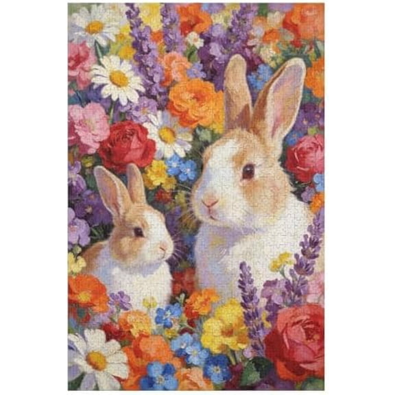 500 Piece Bunny with Spring Flowers Relaxing Brain Game Puzzle for Adults – DIY Craft Activity for Family Night, Vibrant Rabbit Garden Scene, Holiday Fun and Educational Mind Exercise