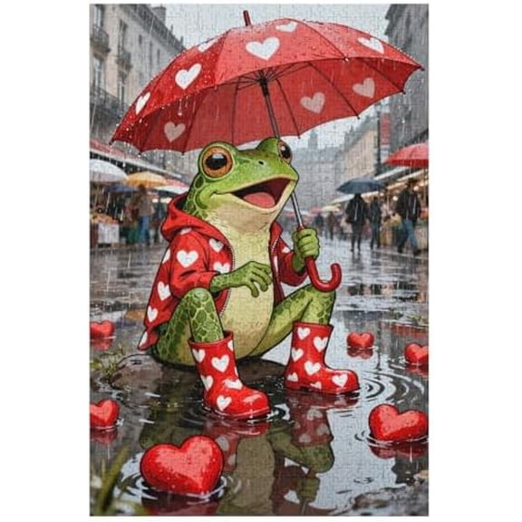 500 Piece Cute Frog Jigsaw Puzzle for Adults, 20.5x15 in Happy Rain Umbrella & Love Hearts Theme, Challenging Colorful Design with Dust-Free Pieces for Art Decor & Relaxation