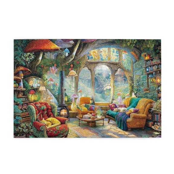500 Piece Enchanted Mushroom House Jigsaw Puzzle For Adults Vibrant Fantasy Woodland Home With Sleeping Cats, Challenging Cognitive Workout, Relaxing Stress Relief, Unique Gift & Home Decor.