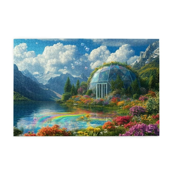 500 Piece Enchanting Geodesic Dome Rainbow Lake Jigsaw Puzzle For Adults – Vibrant Mountain Garden, Challenging, Relaxing Brain Game, Home Decor Gift