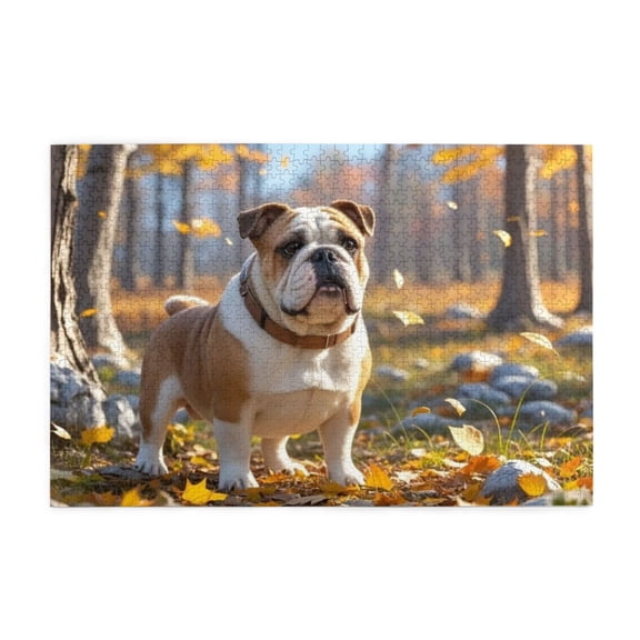500 Piece English Bulldog Autumn Woods Jigsaw Puzzle For Adults Charming Fall Leaves Art, Challenging & Relaxing Wooden Game, Brain Exercise, Ideal Gift