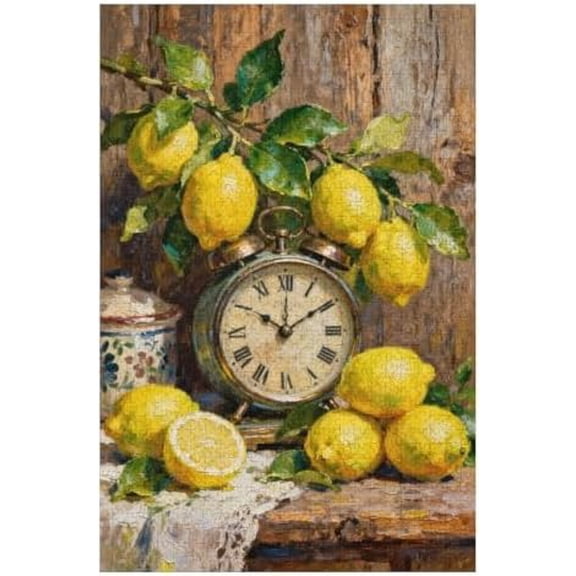 500 Piece Farmhouse Kitchen Clock with Lemons Oil Jigsaw Puzzle for Adults, 20.5x15 in Vintage Rustic Theme, Dust-Free Pieces for Home Decor