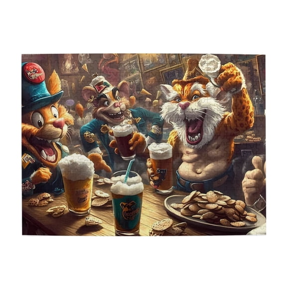 500 Piece Funny Cat Pub Party Jigsaw Puzzle For Adults Vibrant Cartoon Animal Bar Scene, Challenging & Relaxing Brain Game, Great Gift & Home Decor