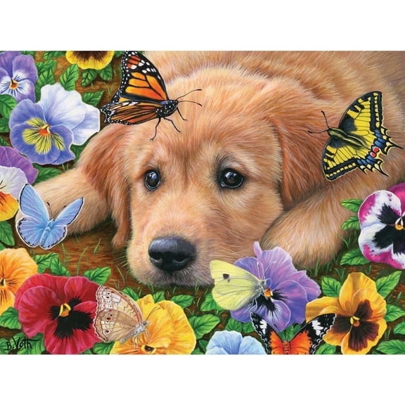 500 Piece Golden Retriever Puppy Jigsaw Puzzle “Butterflies, Baby! 18”x24”
