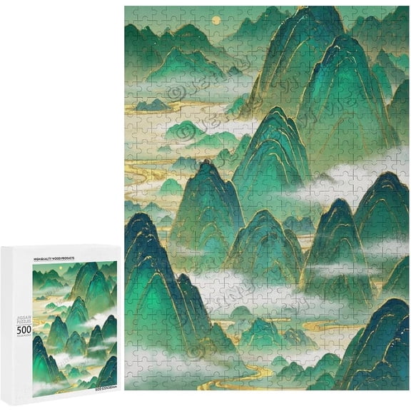 500 Piece Green and Gold Mountain Puzzle Relaxing Scenic Design for Adults, Calming Puzzle Experience, Quality Time with Loved Ones, Finished Size 21 x 15 Inches