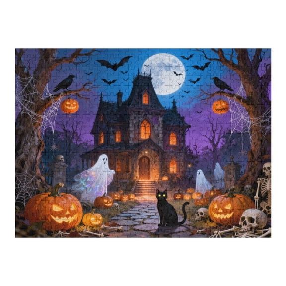 500 Piece Halloween House Puzzle for Adults Moonlit Haunted House with Pumpkins and Ghosts, Thick Sturdy Pieces, Challenging Large Piece Jigsaw, Fun Family Activity, Home Dcor Gift for Friends