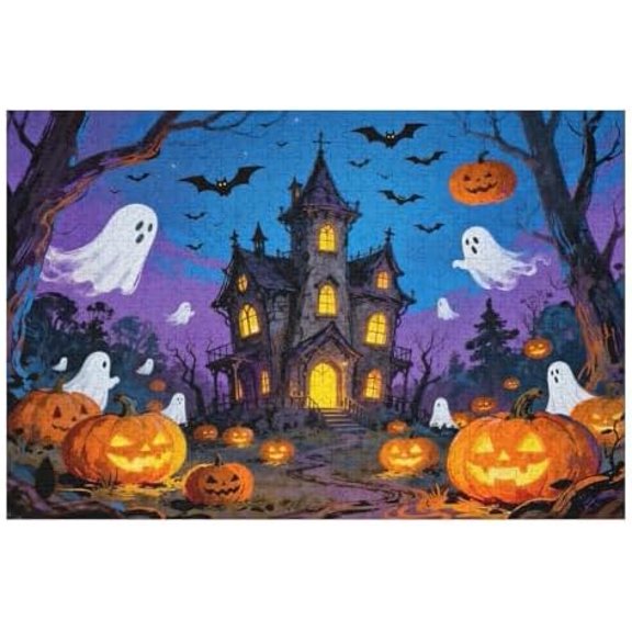 500 Piece Halloween Jigsaw Puzzle for Adults Haunted House Scene with Jack-o'-Lanterns, Ghosts & Bats, Spooky Night Sky, Challenging Puzzle for Adults & Teens, 20.5x15 in
