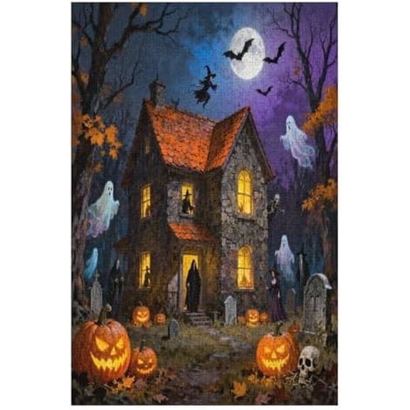 500 Piece Halloween Puzzle for Adults  Haunted House & Spooky Night Scene, Challenging Horror Jigsaw, Family Fun Game & Decoration, 20.5x15 in